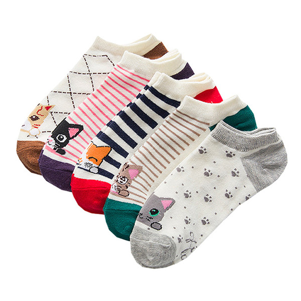 Women Autumn New Striped Cartoon Boat Socks Women Socks Cotton Cat Short Tube Low To Help Short Socks 5 pairs/lot