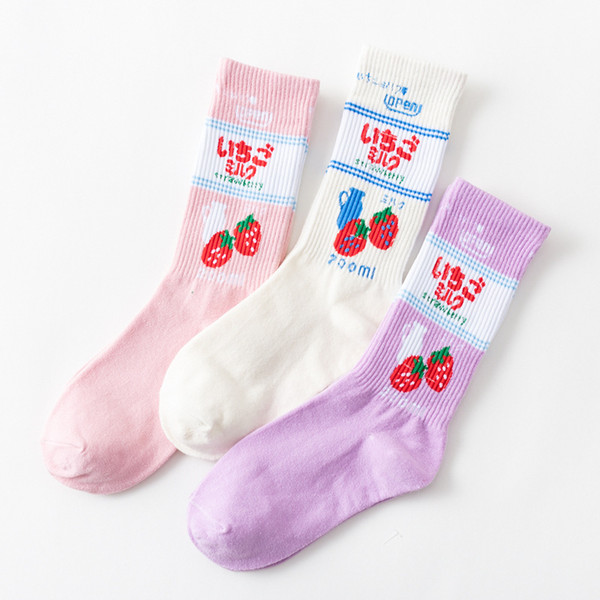 Harajuku Strawberry Cute Women Socks Fashion Casual Wild Female Medium Tube Sock Cotton Warm Comfortable Ladies Socken 5 pairs/lot