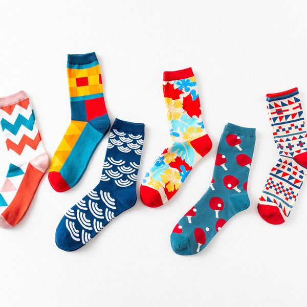 5 Pairs/lot Men Couple Socks Color Combed Cotton Mens Sock Casual With Printing Funny Flower Geometric Happy Crew Socks Gift