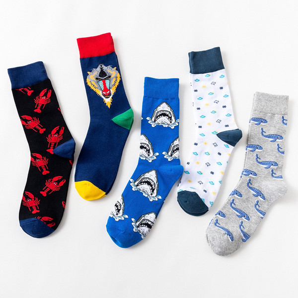 New Fashion Tide Wild Man Socks Middle Tube Casual Cotton Socks Animal Shark Colorful Comfortable Crew Socken For Men 5Pairs/lot