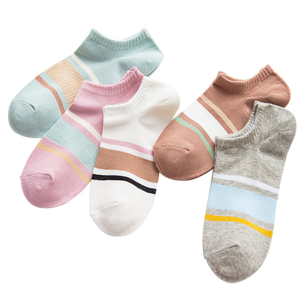 New Spring Summer Women Socks Fashion Striped Stitching Personality Female Socks Cotton Breathable Non-Slip Female Boat Socks 5 pairs/lot