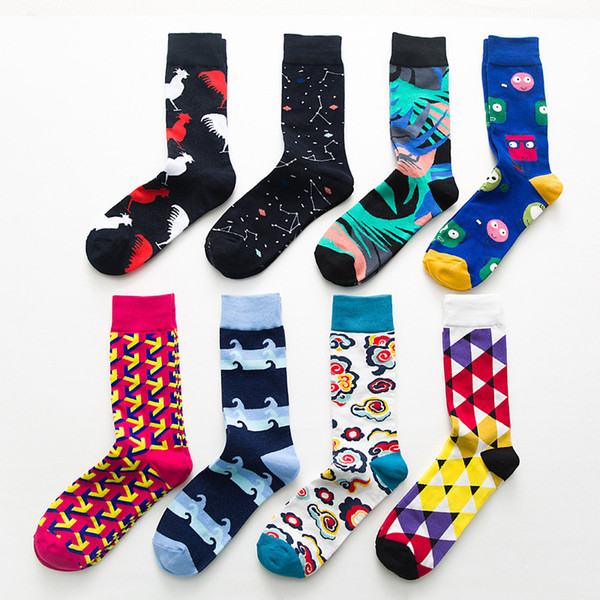 Autumn Winter New 5 Pairs/lot Men Socks Combed Cotton Cartoon Contrast Color Geometric Novelty Funny Middle Tube Sock Unisex