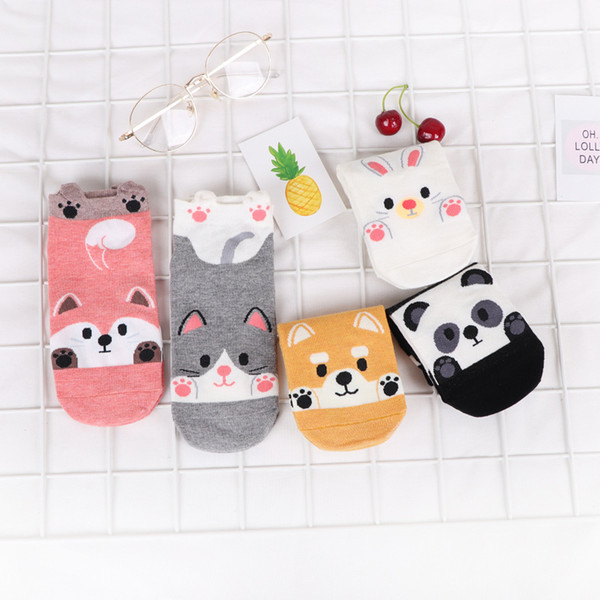 5 Pairs/lot New Women Cotton Socken Pink Cartoon Cute Panda Cat Ankle Female Boat Socks Casual Animal Short Socks For Lady