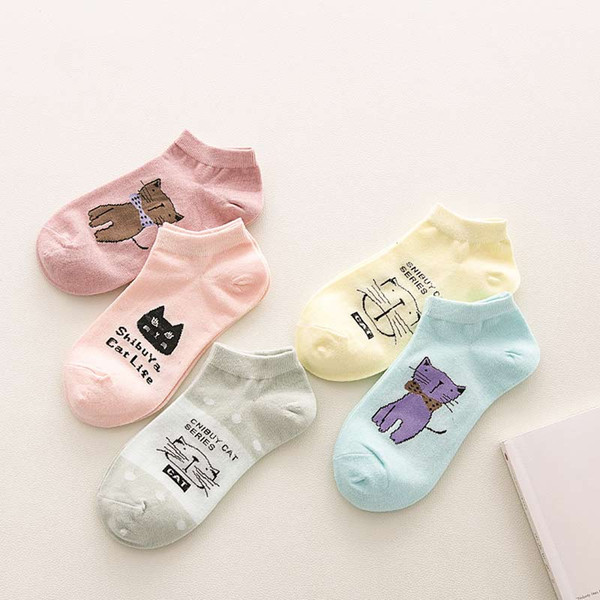 New Autumn Winter Women Socks Cartoon Cat Boat Socks Ladies Cotton Short Tube Low Harajuku Socks Women 5 Pairs/lot