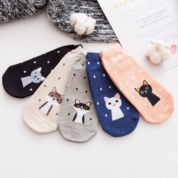 Cartoon Cute Cats Female Short Socken New Casual Ladies Socks Cotton Comfortable Breathable Women Socks 5 Pairs/Lot