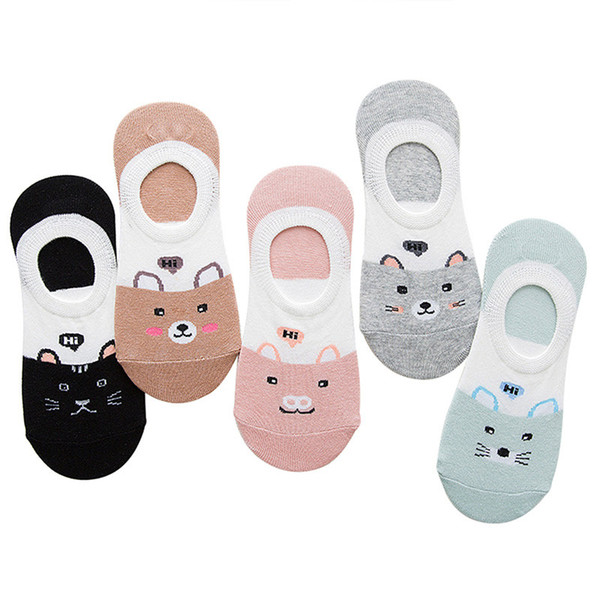 5 pairs/lot Cotton Silicone Invisible Women Socks New Summer Cartoon Cat Shallow Female Socks Fashion Casual Ladies Boat Socks