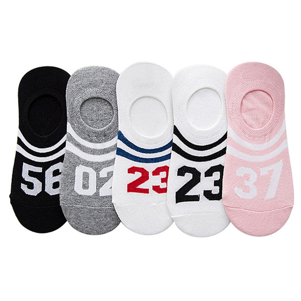 Fashion New Summer Female Socks Digital Printing Cotton White Black Ladies Socks Non-Slip Silicone Invisible Women Boat Socks 5 pairs/lot