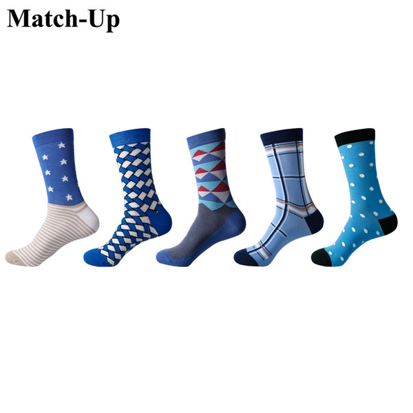 Match-Up Men Colored Blue style Cotton Socks argyle Casual Crew Socks (5 Pairs/Lot) US 7.5-12