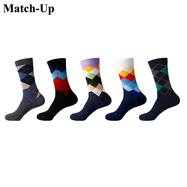 Match-Up Combed Cotton Colorful Men Socks cool casual Dress Funny party dress crew Socks Diamond Business Socks(5 pairs / lot )