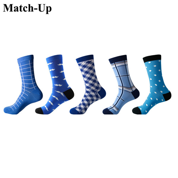 Men's Funny Colorful Combed Cotton Socks Dozen Blue style seriesCasual (5 Pairs/Lot) US 7.5-12