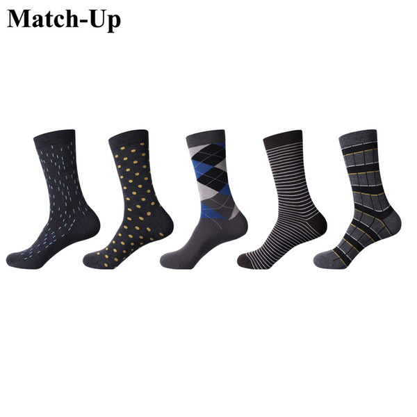 Match-Up Men Business Cotton Stripe Plaid Socks Cool Casual Dress Socks Wedding gift Socks(5 Pairs / lot )