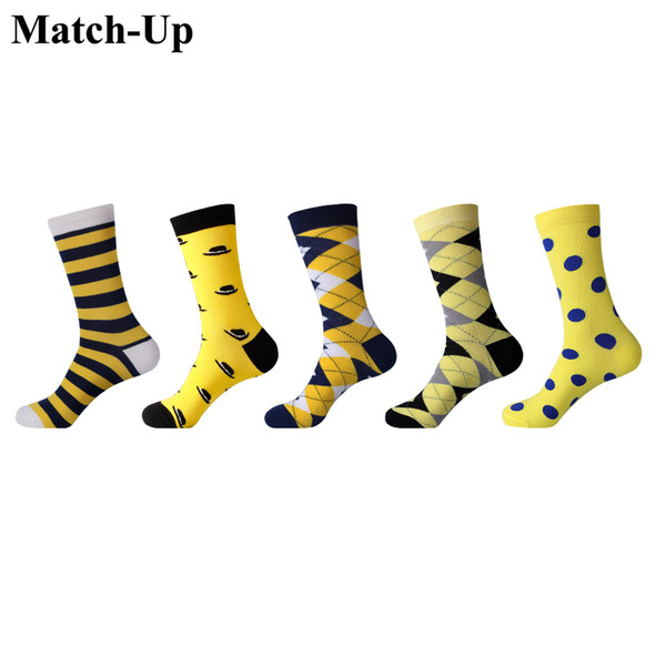 Match-Up Men's Yellow style Socks Chromatic Stripe Five Pairs Of Socks Man With Fashion Designer Cotton (5 Pairs/Lot) US 7.5-12