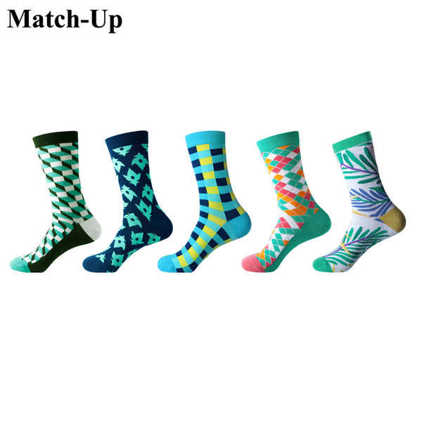 Match-Up Man in tube socks fashion spell color man socks Four seasons socks Splice rhombus lattices (5 Pairs/Lot) US 7.5-12