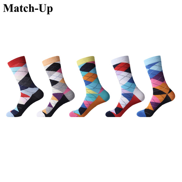 Match-Up Men's Colorful Combed Cotton Multi Pattern Combed Cotton Colorful Crew Rhombus lattice Socks (5 Pairs/Lot) US 7.5-12