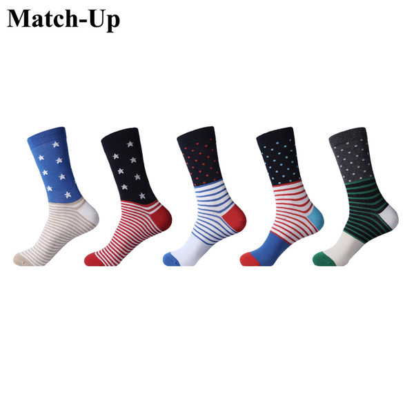 Match-Up Men's Colorful Combed Cotton Multi Pattern Stripe dots Cartoon Dot Novelty Skateboard Socks(5 Pairs/Lot) US 7.5-12