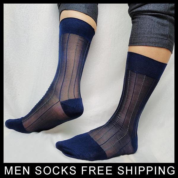 Thin Softy Business Mens Nylon Dress socks Striped See through Formal Gay Fetish Collection Male Hose Socks Navy Blue