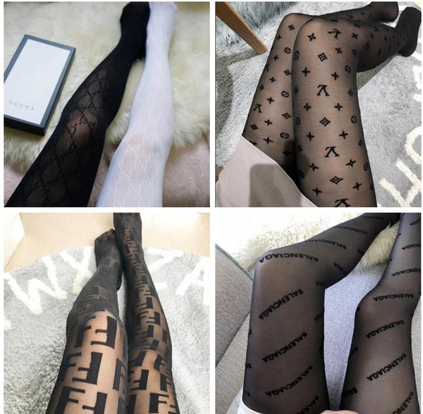 European Brand black Lace Hollow Out Pantyhose Sexy Mesh tights hosierys Hot Sale European And American G F Letter Long Leggings Socks