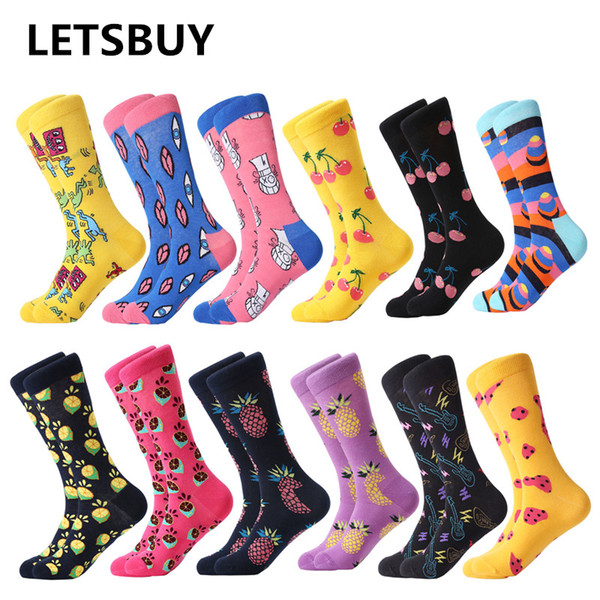 LETSBUY 12 pairs / lot Mens Fashion Funny colorful carriage Happy Socks combed cotton socks Casual dress in business style