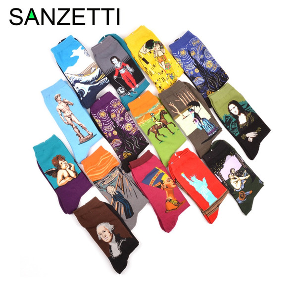 Wholesale- SANZETTI 5 pair/lot Combed Cotton Colorful Van Gogh Retro Oil Painting Men Socks cool casual Dress Funny party dress crew Socks