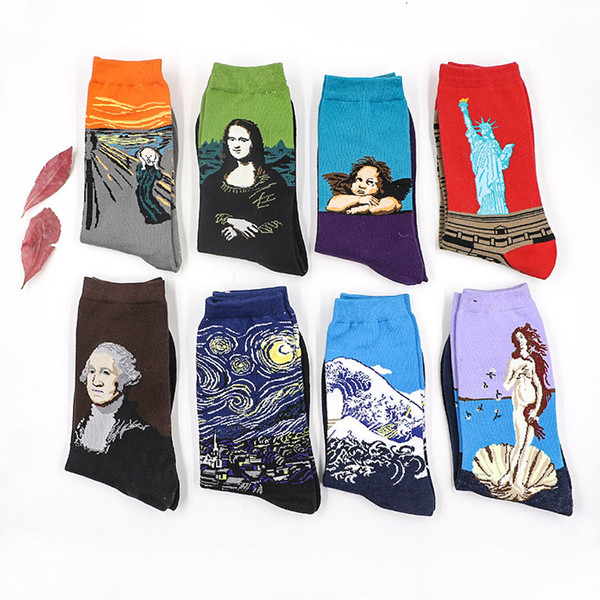 Novelty Famous Oil Painting Art Socks Women's Men's Street Graffiti Van Gogh Mona Lisa Long Sock Winter Autumn Cotton socks for men