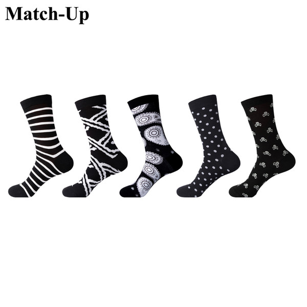 Match-Up Men's Black series socks Arrival Cool Skateboard Hip Hop Dots Stripes Patchwork Pattern Fashion (5 Pairs/Lot) US 7.5-12