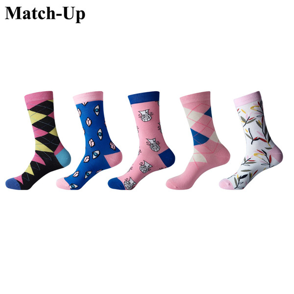 Match-Up New Casual Combed Cotton Men's Socks Colorful Pink system Pattern Long Socks For Men (5 Pairs/Lot) US 7.5-12