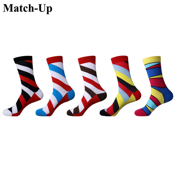 Match-Up Red Quality Mens Striped Star Socks Newly Style Colorful Men Combed Cotton Tide Streetwear Socks (5 pairs / lot )