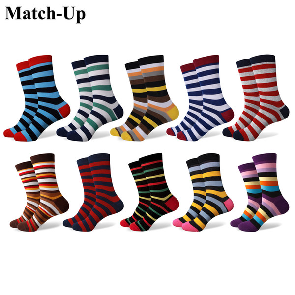 Match-Up Fun Dress Socks - Colorful Funky Socks for Men - Cotton Fashion Patterned Socks Stripe style (10 Pairs/lot)