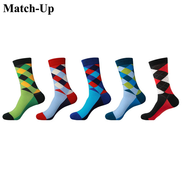 Match-Up Standard Cotton Casual Free High Quality Delivery Color rhombus square, Colorful Clothes Socks (5 Pairs/Lot) US 7.5-12