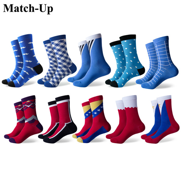 Match-Up Men's Funny Colorful Combed Cotton Socks Geometry Style Dress Casual Crew Socks for Man (10 Pairs/lot)