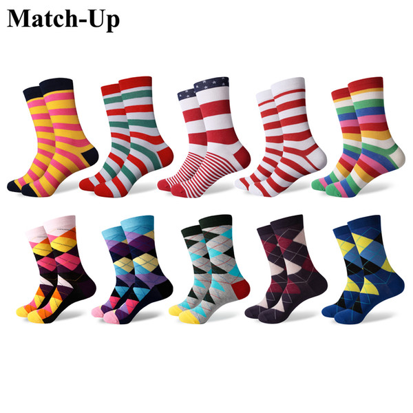 Match-Up Men's Colorful Combed Cotton Socks Funny Striped Dot Multi Set Dress Casual Crew Socks (10 Pairs/lot)