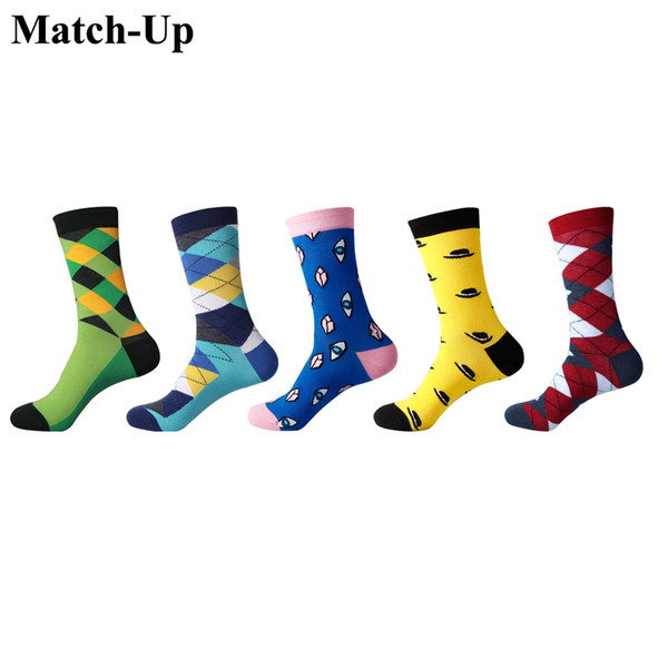 Match-Up Men Fashion Five different styles of colors Cotton Socks argyle Casual Crew Socks (5 Pairs/Lot) US 7.5-12