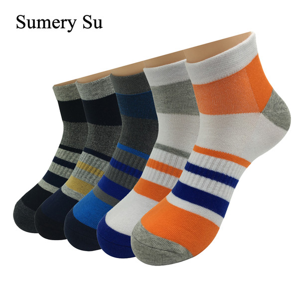 5 Pairs/Lot Ankle Socks Men Stripes Colorful Combed Cotton Outdoor Casual Running Sport Compression Thick Short Socks Male