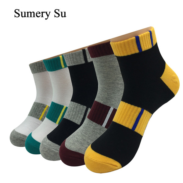 5 Pairs/Lot Sports Socks Men Thick Cotton Stripes Colorful Outdoor Ankle Running Compression Short Socks Male