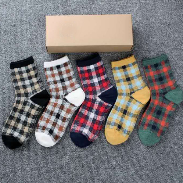 100% Cotton Women Socks Street Plaid Style Luxury Vintage Fashion Lady Designer Socks Casual Socks For Woman with Original Box 5 Pairs/Set