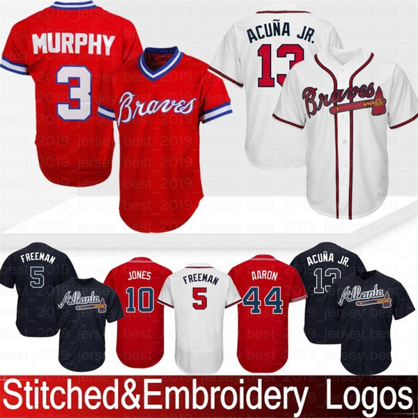 Embroidery 13 Ronald Acuna Jr. Atlanta Braves 10 Chipper Jones 44 Hank Aaron 5 Freddie Freeman 3 Dale Murphy Baseball Jersey Top Quality