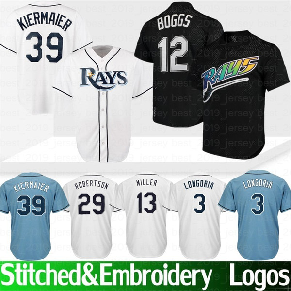 Embroidery Tampa Bay 12 Wade Boggs Ray 3 Evan Longoria 39 evin Kiermaier 100% Stitched Baseball Jerseys M-XXXL Fast Free Shipping 2019 New