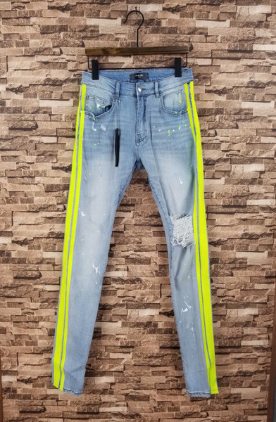 FALECTION 19SS AMIRIMIKE STRETCHY RIPPED DISTRESSED BLUE JEANS WITH YELLOW GREEN STRIPE PRINT