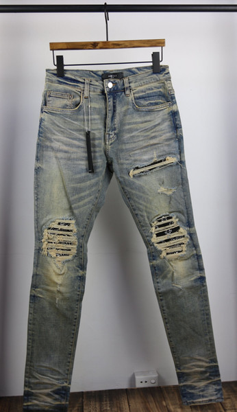 FALECTION 19SS AMIRIMIKE STRETCHY RIPPED DISTRESSED BLUE JEANS WITH BANDANA PATCH EMBROIDERY