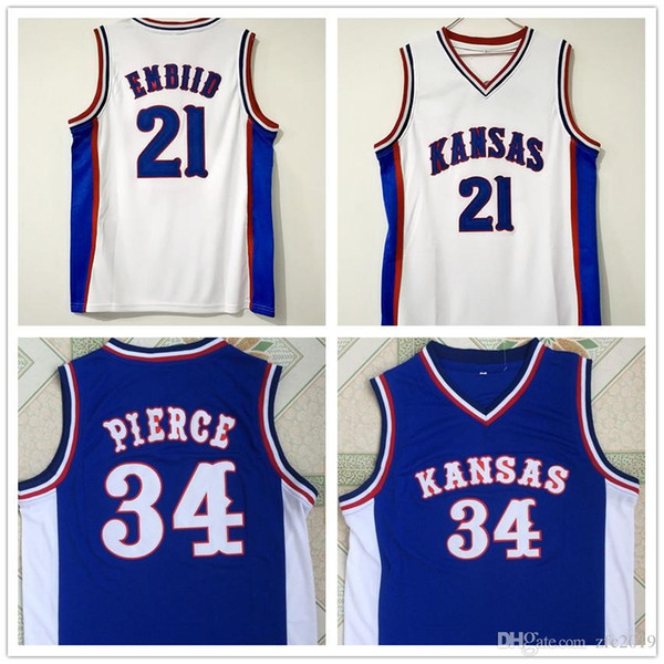 NCAA Basketball Jerseys Kansas Jayhawks 34 Paul Pierce 22 Joel Embiid White Blue College Sports Shirts Stitched embroidered Free shipping