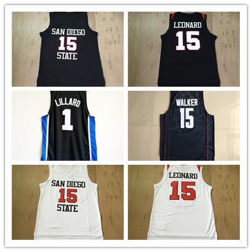 NCAA San Diego State Aztecs #15 Kawhi Leonard Basketball Jersey 1# Damien Lillard #15 Kemba Walker Black White University Sports Shirts