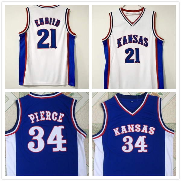 NCAA Basketball Jerseys Kansas Jayhawks 34 Paul Pierce 22 Joel Embiid White Blue College Sports Shirts Stitched embroidered Free shipping