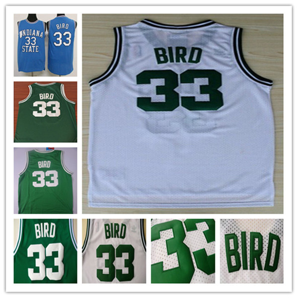 NCAA 33 Larry Bird Basketball Jersey, Cheap Mesh Jersey Embroidery Logos Larry Bird Jersey - White and Green