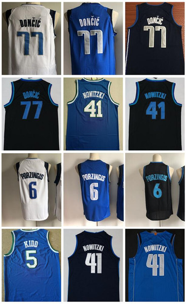 NCAA Good-Quality New 6# Kristaps Porzingis Jersey White Blue 77# Luka Doncic Jersey 41# Dirk Nowitzki Jerseys Shirts S-XXL