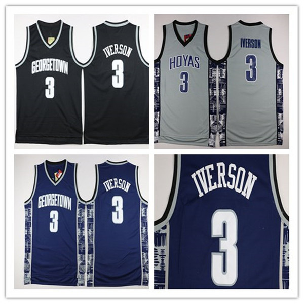 NCAA Chamberlain Georgetown Hoyas College 3 Allen Iverson Jersey University Tean Black Blue Gray A