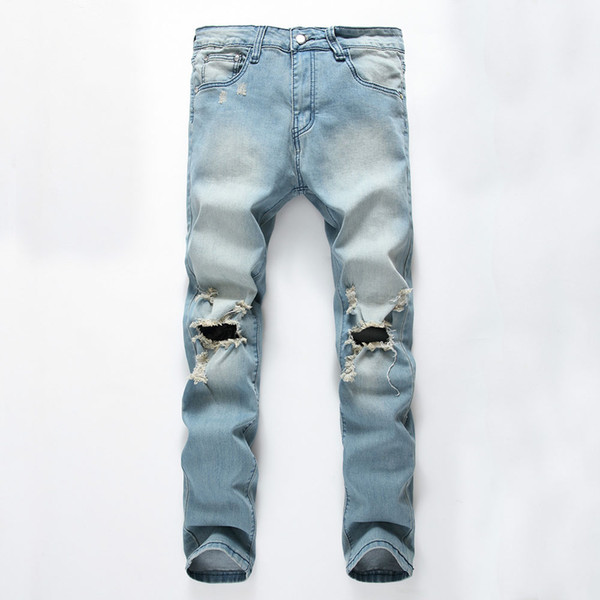 Men Jeans Holes Frayed Ripped Light Blue Skinny Stretch Slim Streetwear Painting Motor Biker Jeans Man Casual Pants