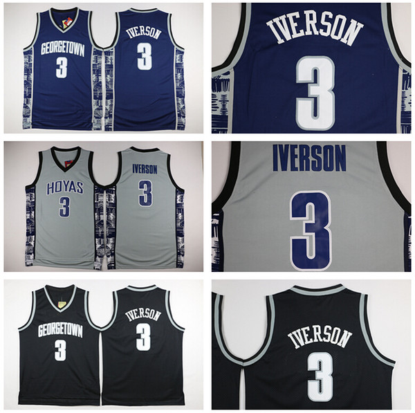 NCAA Georgetown Hoyas College 3 Allen Iverson Jersey University Tean Black Blue Gray Allen Iverson Basketball Jerseys Shirt Uniform