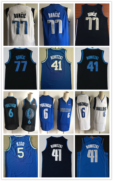 NCAA 2019 New Top quality For 41# Dirk Nowitzki Mens 6# Kristaps Porzingis Jersey Nowitzki 77# Luka Doncic Basketball jerseys White blue Shi