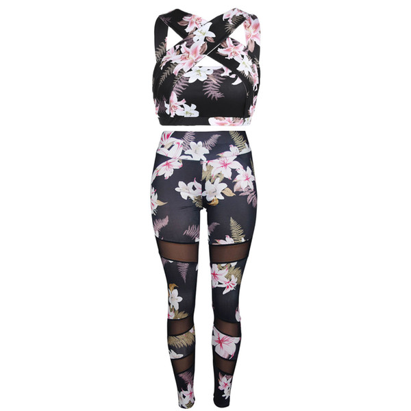 Women Sport Suits Floral Sport Leggings and Vest Set Yoga Outfit Plants Printed Stitching Mesh Tight Long Yoga Pants