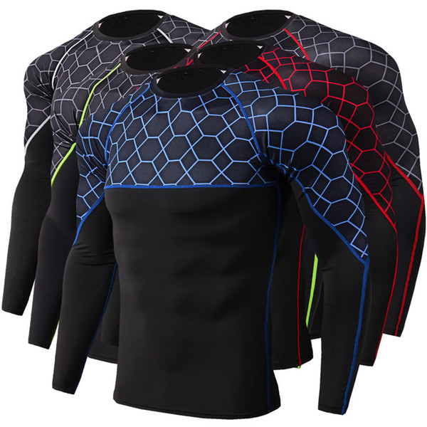 Breathable Reseau Print Mens Sport gym fitness clothes men Long Sleeve Training Running Doublet Gym Clothing Stretch Quick Dry Colors